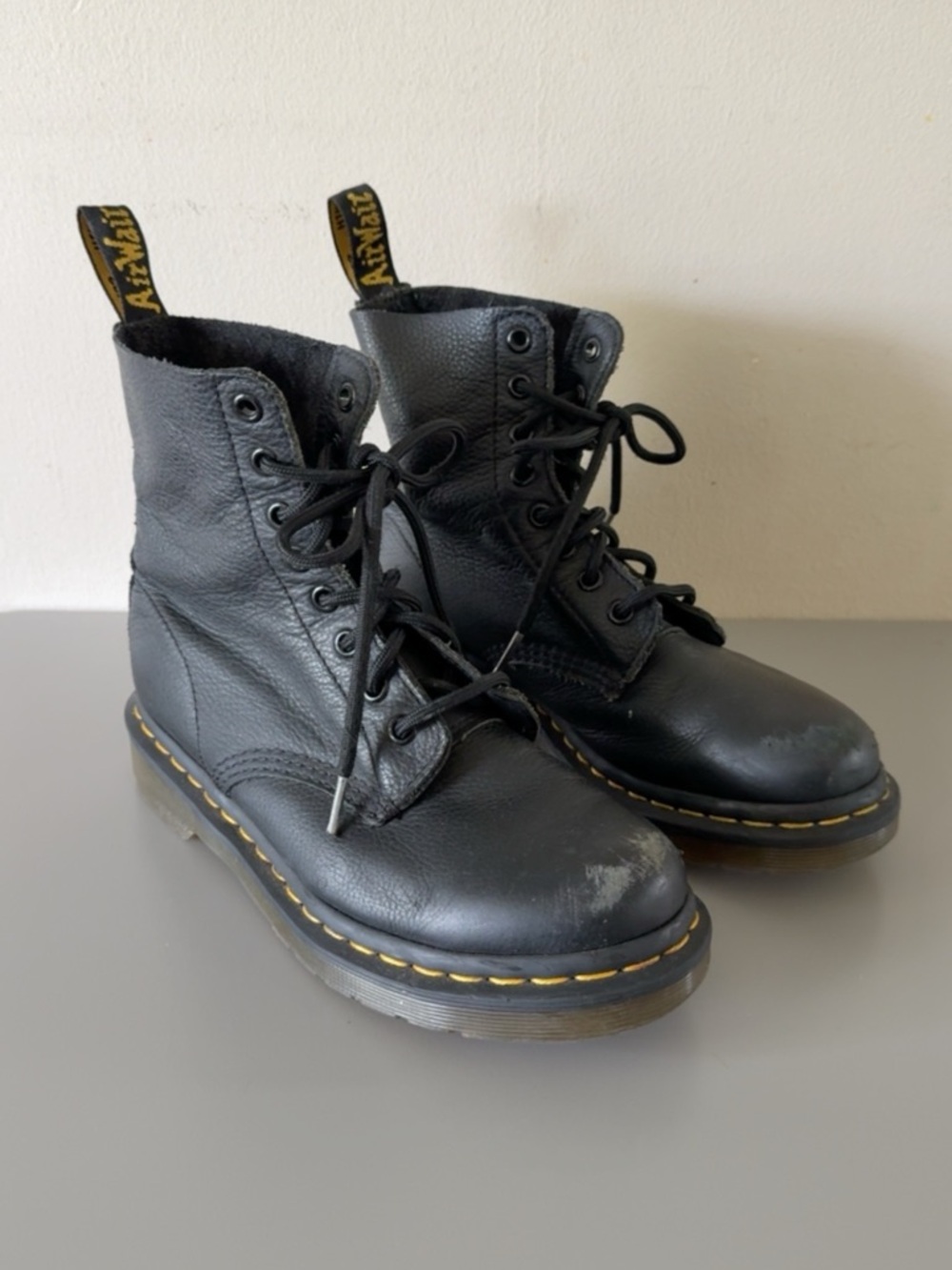Dr. Martens Black Leather Boot with Yellow Heel Loop